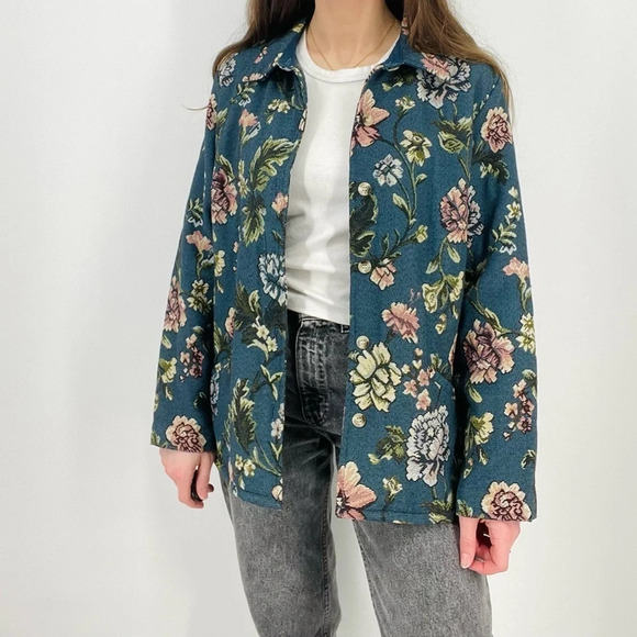 vintage spruce blue boho floral tapestry button down jacket size M - Picture 2 of 9